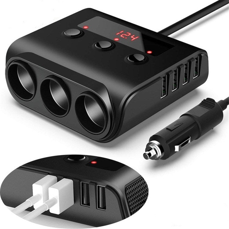 TR12 100W Car Cigarette Lighter One Drag Three With Switch Voltage Display 4USB Car Cigarette Lighteri, TR12, TR12 (Black)