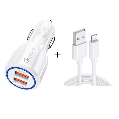 Qc3.0 Dual USB Car Charger + 8 Pin Fast Charging Line Car Charging Kit, 8 Pin (Black), 8 Pin (White)