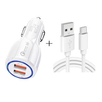 Qc3.0 Dual USB Car Charging + Type-C Fast Charging Cable Car Charging Kit, Type-C (Black), Type-C (White)