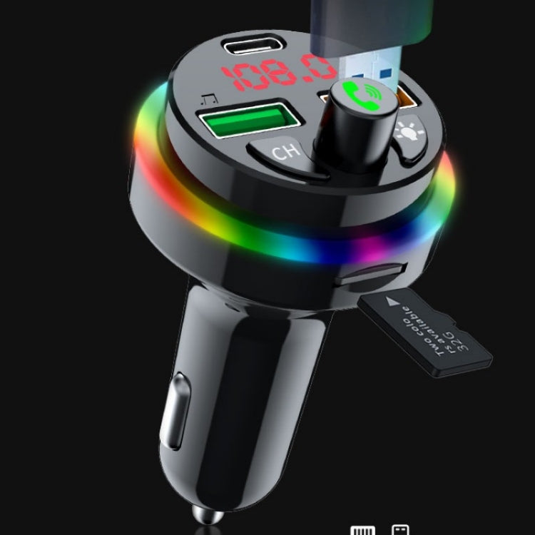 PDF16 Car Bluetooth 5.0 FM Transmitter Colorful Ambient Light Type C Dual USB Fast Charging Charger, PDF16