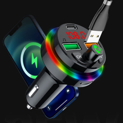 PDF16 Car Bluetooth 5.0 FM Transmitter Colorful Ambient Light Type C Dual USB Fast Charging Charger, PDF16