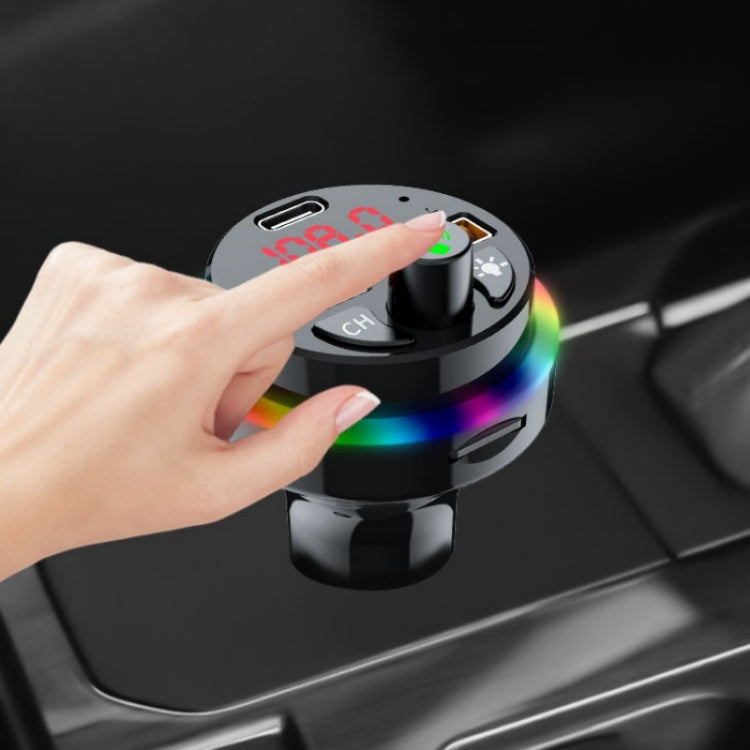 PDF16 Car Bluetooth 5.0 FM Transmitter Colorful Ambient Light Type C Dual USB Fast Charging Charger, PDF16