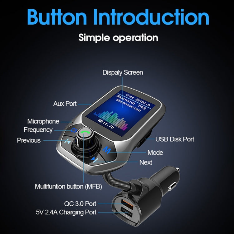 T43 Car Bluetooth Mp3 Multi-function Large Color Screen QC3.0 Bluetooth Car Charge Lossless Car Bluetooth Player, T43