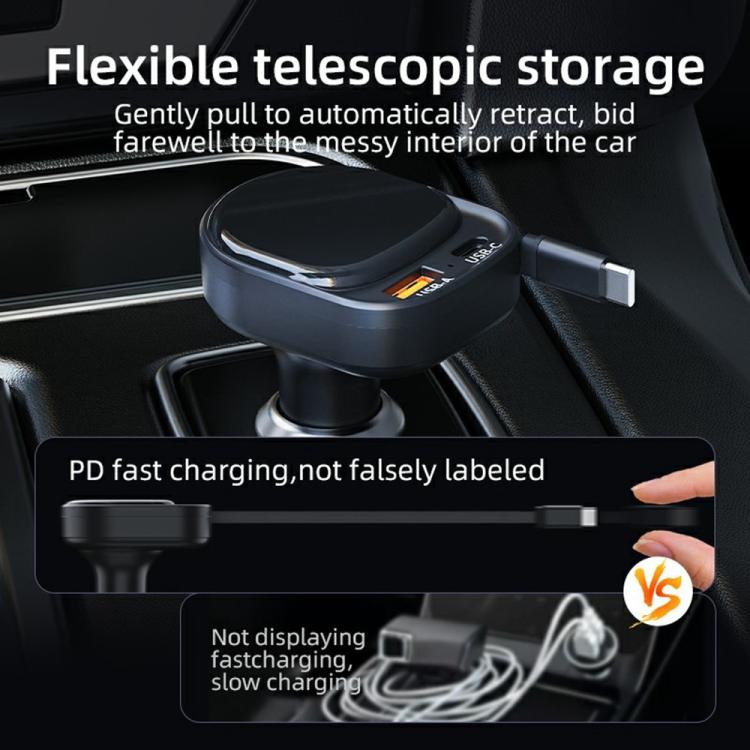 K8 PD 20W and QC 18W Fast Charger USB-A and USB-C Dual Port Car Charger with Retractable Type-C Cable, K8