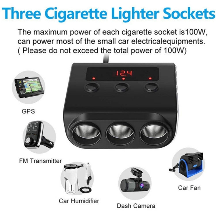 TR12 100W Car Cigarette Lighter One Drag Three With Switch Voltage Display 4USB Car Cigarette Lighteri, TR12, TR12 (Black)