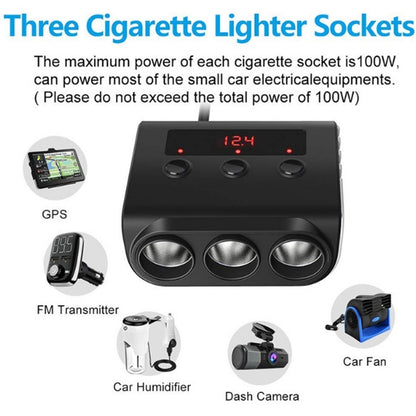 TR12 100W Car Cigarette Lighter One Drag Three With Switch Voltage Display 4USB Car Cigarette Lighteri, TR12, TR12 (Black)