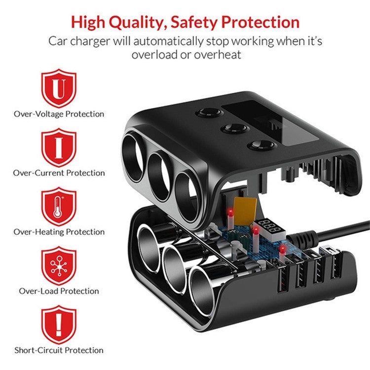 TR12 100W Car Cigarette Lighter One Drag Three With Switch Voltage Display 4USB Car Cigarette Lighteri, TR12, TR12 (Black)