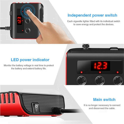 TR12 100W Car Cigarette Lighter One Drag Three With Switch Voltage Display 4USB Car Cigarette Lighteri, TR12, TR12 (Black)