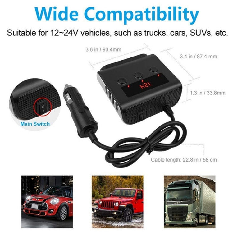 TR12 100W Car Cigarette Lighter One Drag Three With Switch Voltage Display 4USB Car Cigarette Lighteri, TR12, TR12 (Black)