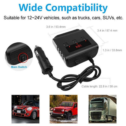 TR12 100W Car Cigarette Lighter One Drag Three With Switch Voltage Display 4USB Car Cigarette Lighteri, TR12, TR12 (Black)