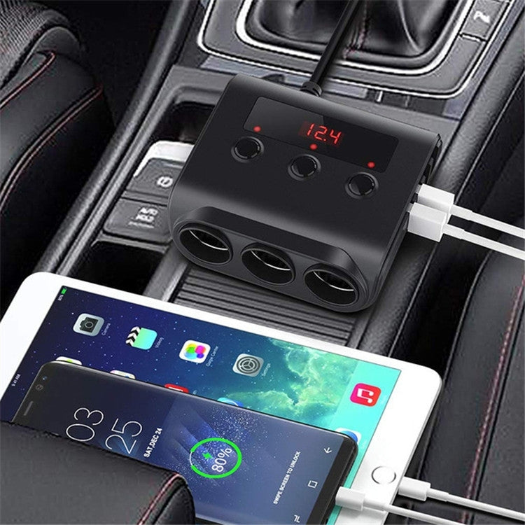 TR12 100W Car Cigarette Lighter One Drag Three With Switch Voltage Display 4USB Car Cigarette Lighteri, TR12, TR12 (Black)
