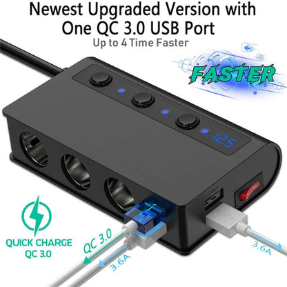 TR24 3 In 1 Car Cigarette Lighter Independent Switch Charger, TR24 (Black), TR24 (Black Red)