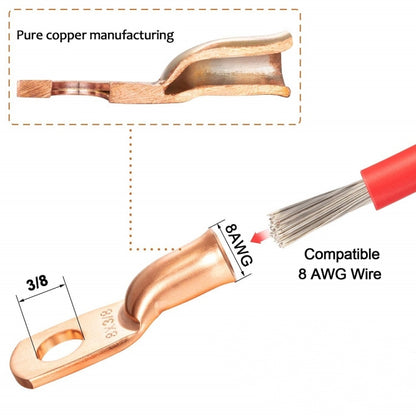8AWG 3/8" Stud Ring Terminal Solder Cable Bare Copper Hole with Heat Shrink