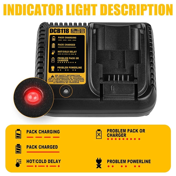 DCB118 For Dewalt 12V-20V Electric Tool Battery Charger, US (Black), EU (Black), UK (Black), AU (Black), US (Yellow), EU (Yellow), UK (Yellow), AU (Yellow)