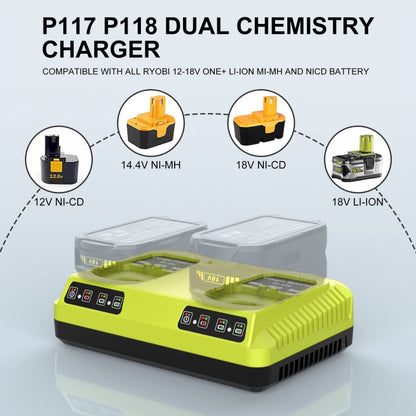For RYOBI P108 / P117 12-18V Lithium Nickel Battery Dual Port Charger, EU, US, UK, AU