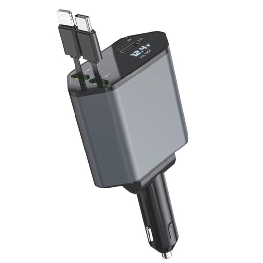 4-In-1 120W Multifunctional USB Retractable Dual-Line Digital Display Car Fast Charger