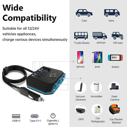 Car Cigarette Lighter One To Three With Switch Voltage Display, TR52