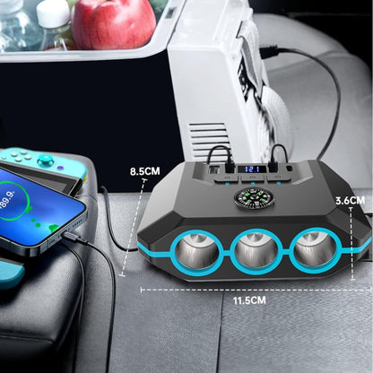 Car Cigarette Lighter One To Three With Switch Voltage Display, TR52