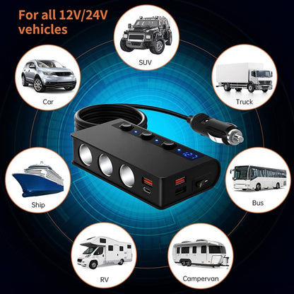 TR24 Car Cigarette Lighter One To Three With Switch 180W High Power Fast Charger, TR24(Black PD Version)