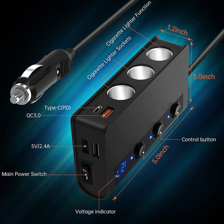 TR24 Car Cigarette Lighter One To Three With Switch 180W High Power Fast Charger, TR24(Black PD Version)