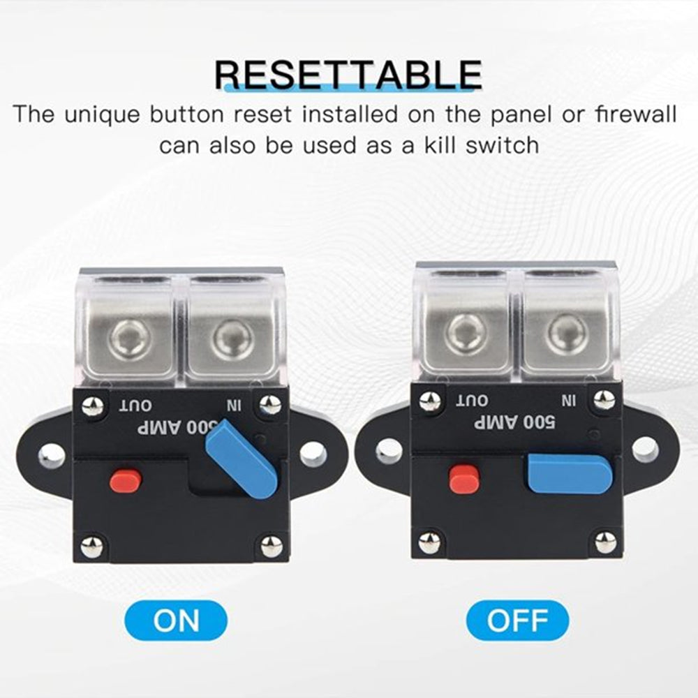 Automotive, RV & boat in-line 500 Amp circuit breaker w/ manual reset accepts 0-8 gauge wire.