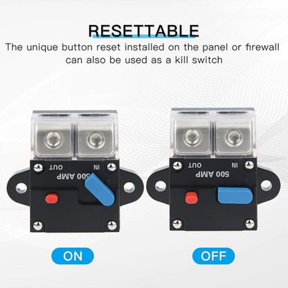 Automotive, RV & boat in-line 500 Amp circuit breaker w/ manual reset accepts 0-8 gauge wire.